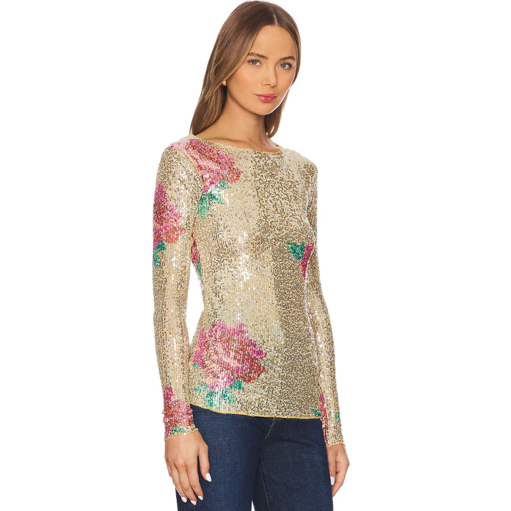 Free People Printed Gold Rush Sequin Top Long Sleeve Champagne Combo Medium NWT - Picture 2 of 11